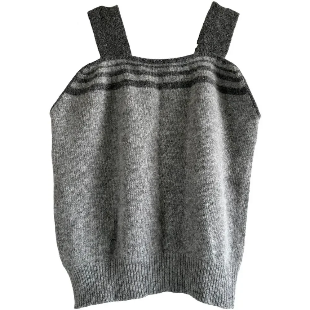 Knitted Top Striped Square Neck Sleeveless Ribbed Hem Stretchy Gray Black XL